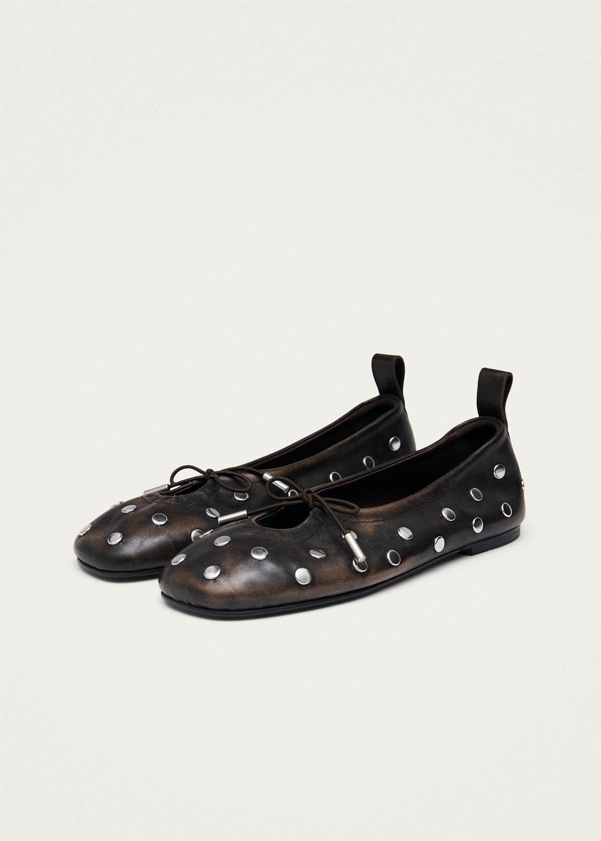Rosalind All Studs Vintage Effect Brown Leather Ballet Flats