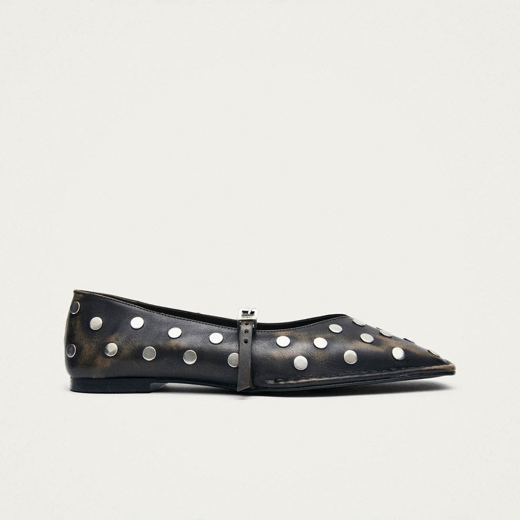 Sway All Studs Vintage Effect Dark Brown Leather Ballet Flats