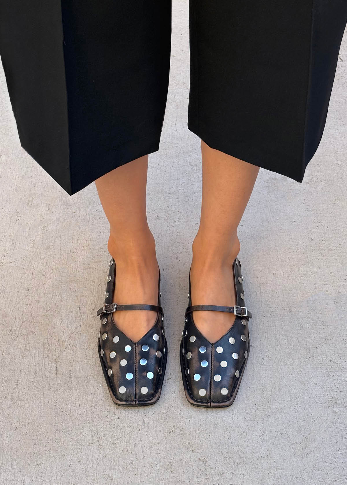 Sway All Studs Vintage Effect Dark Brown Leather Ballet Flats