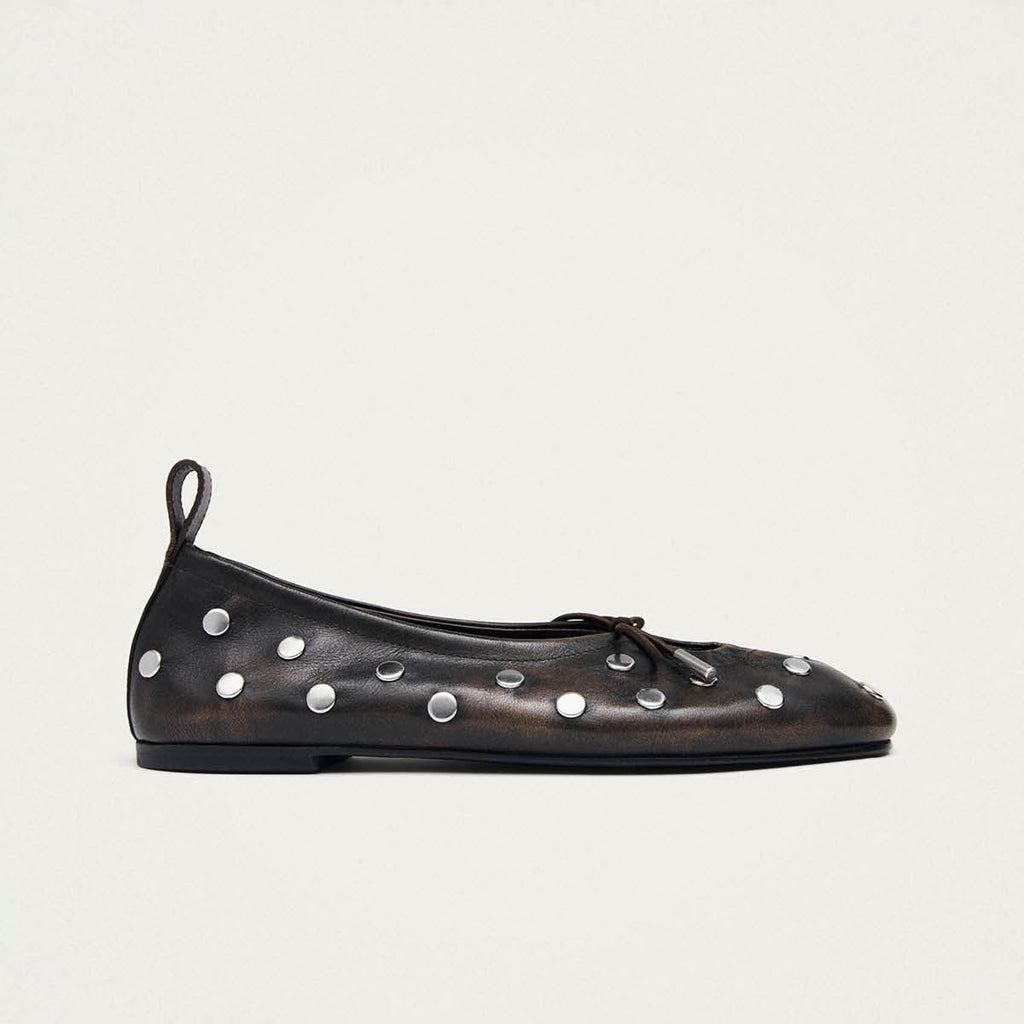 Rosalind All Studs Vintage Effect Brown Leather Ballet Flats